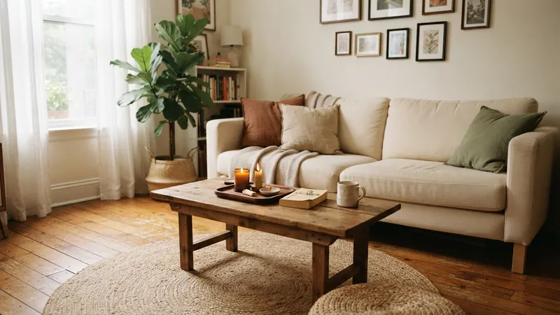 Wooden tray with two candles on a coffee table in a small apartment living room