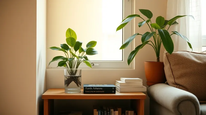 Pothos cutting rooting in a glass of water on a bookshelf in a small apartment