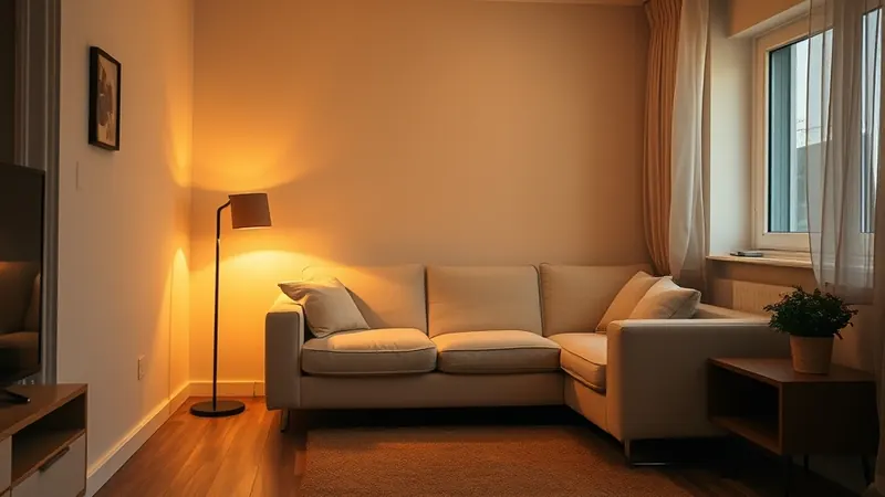 Living room lit only by a warm lamp at dusk with overhead light off