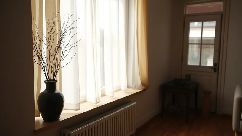 Black ceramic vase with dried branches on a windowsill in a small apartment