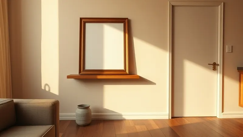 Vintage frame leaning against a wall on a shelf in a small apartment living room