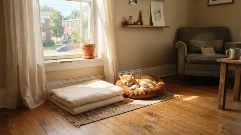 Folded blanket in a sunny window spot for a cat in a small apartment living room