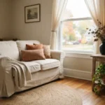 Cozy small apartment living room with sofa by the window, linen throw, and dried branches in a black vase