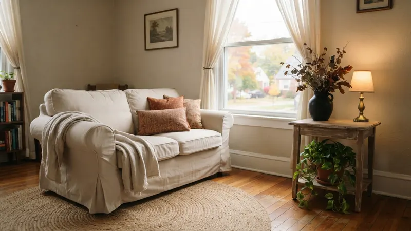 Cozy small apartment living room with sofa by the window, linen throw, and dried branches in a black vase